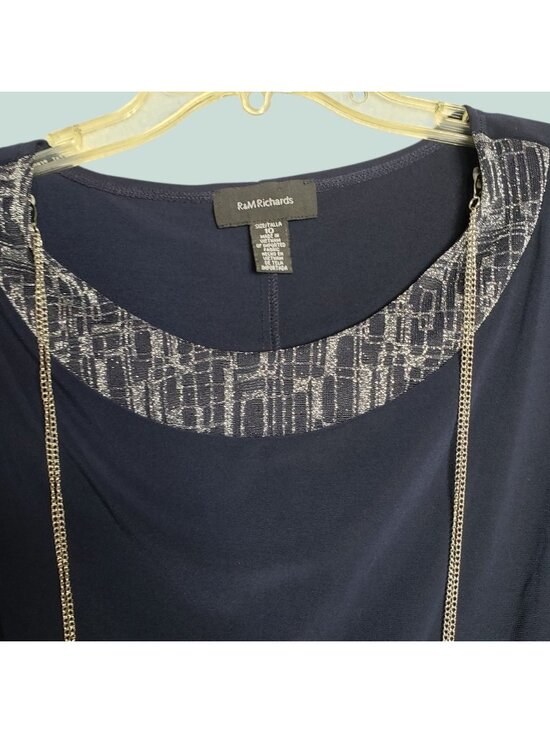 R&M Richards Sleeveless Dress W Metallic Embelishment Neckline Navy Blue Size 10 - Picture 10 of 13